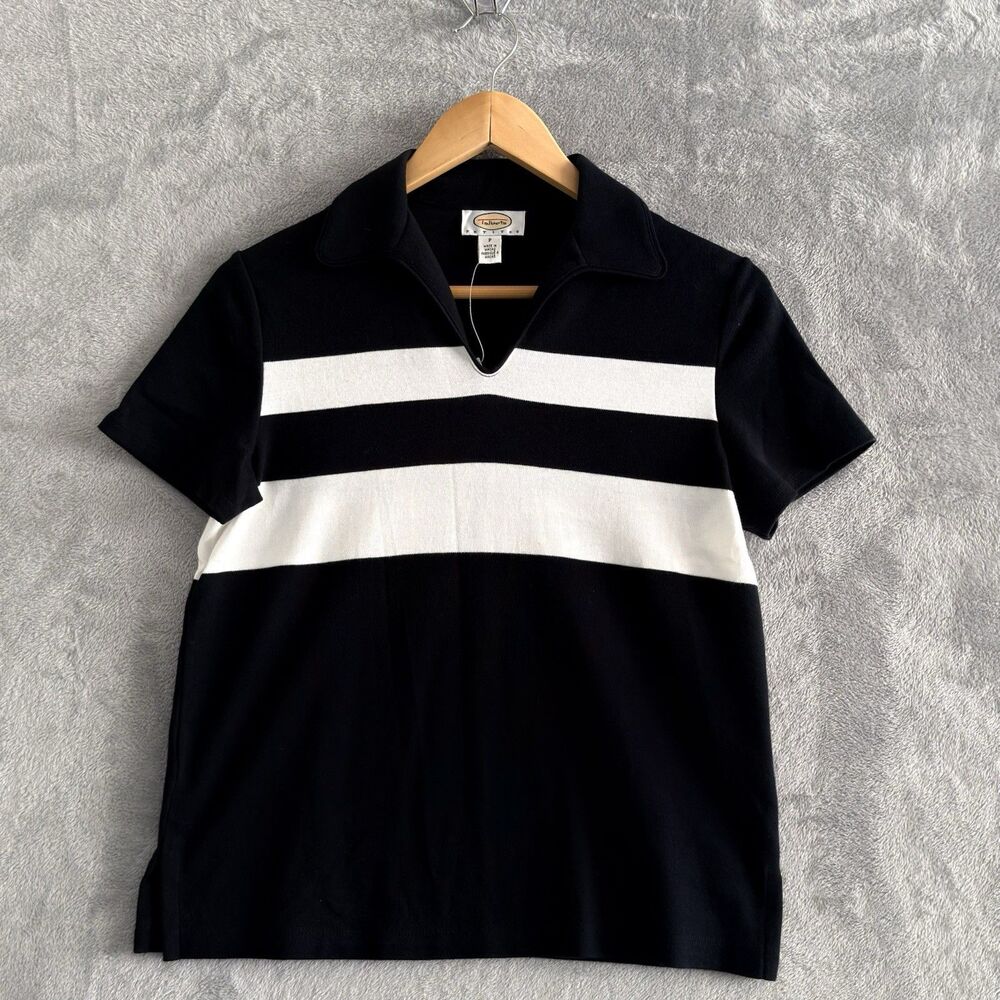 Talbots Petite Polo Top Womens P Black White Stripe Johnny Collar Roll Cuff